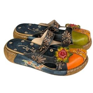 Soffia Floral Applique Leather Platform Women's 9 Sandals EU40 Wedge Boho Whimsy